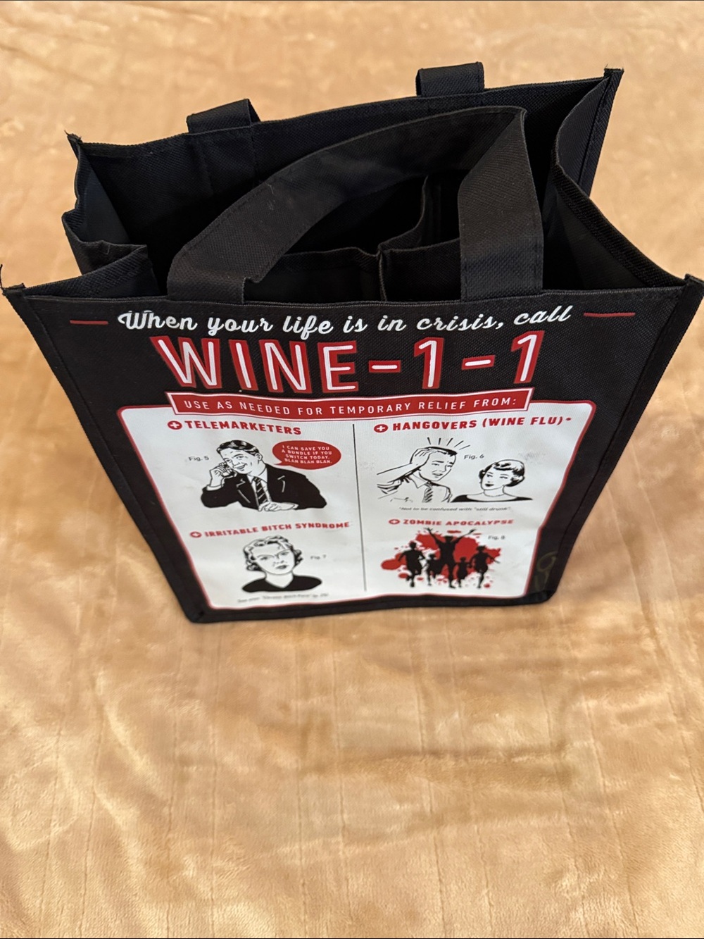 Novelty Black Tote Bag with Wine-1-1 Graphic